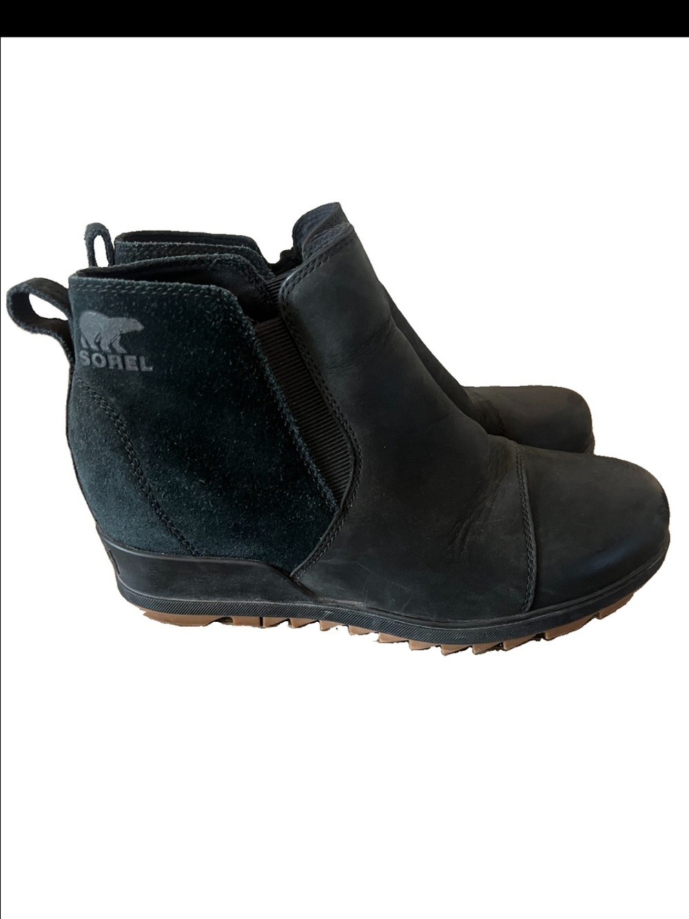 Sorel Black Leather & Suede Wedge Ankle Booties